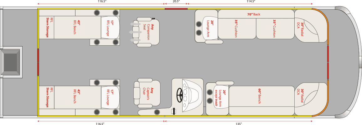 2020 JC TriToon Marine NepToon 27 RFL, Bow Chaise Arms Floorplan