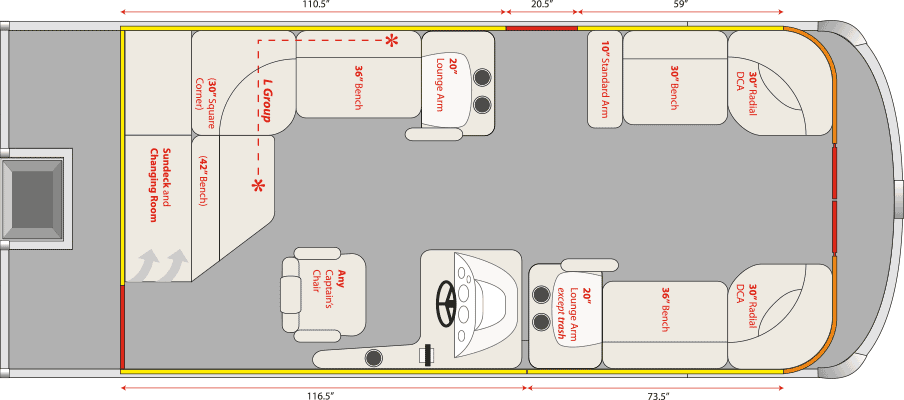 2021 JC TriToon Marine NepToon 21 Sundeck, No Starboard Gate, Chaise Arms, Starboard Bow, Port Stern Floorplan