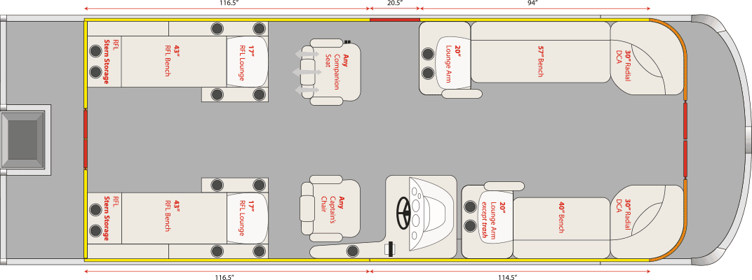 2021 JC TriToon Marine NepToon 25 RFL, Bow Chaise Arms Floorplan