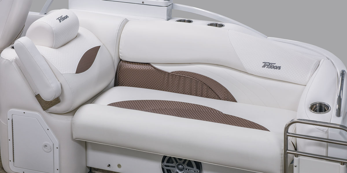 2019 JC TriToon Marine SportToon Lounge shown in White and Cocoa